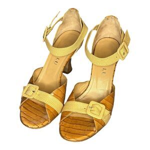 Anyi Lu Italy Peep Toe D’Orsay Funky Heel Sandal Buckle Sz 39.5 US 9 Brown Tan